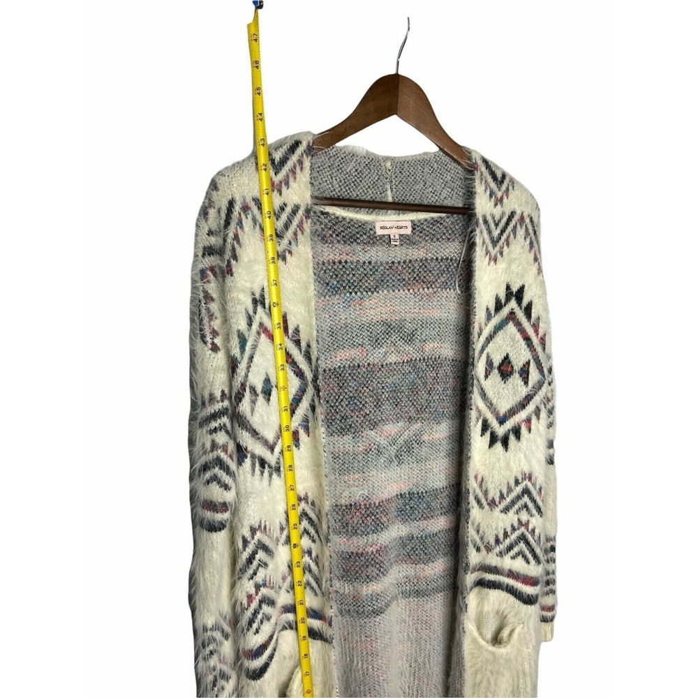 Sequin Hearts Fuzzy Aztec Cardigan Sweater Womens Size S Open Front Geometric